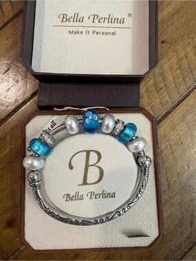 bella Perlina Blue Glass & Pearl Charm Bracelet with Silver Accents